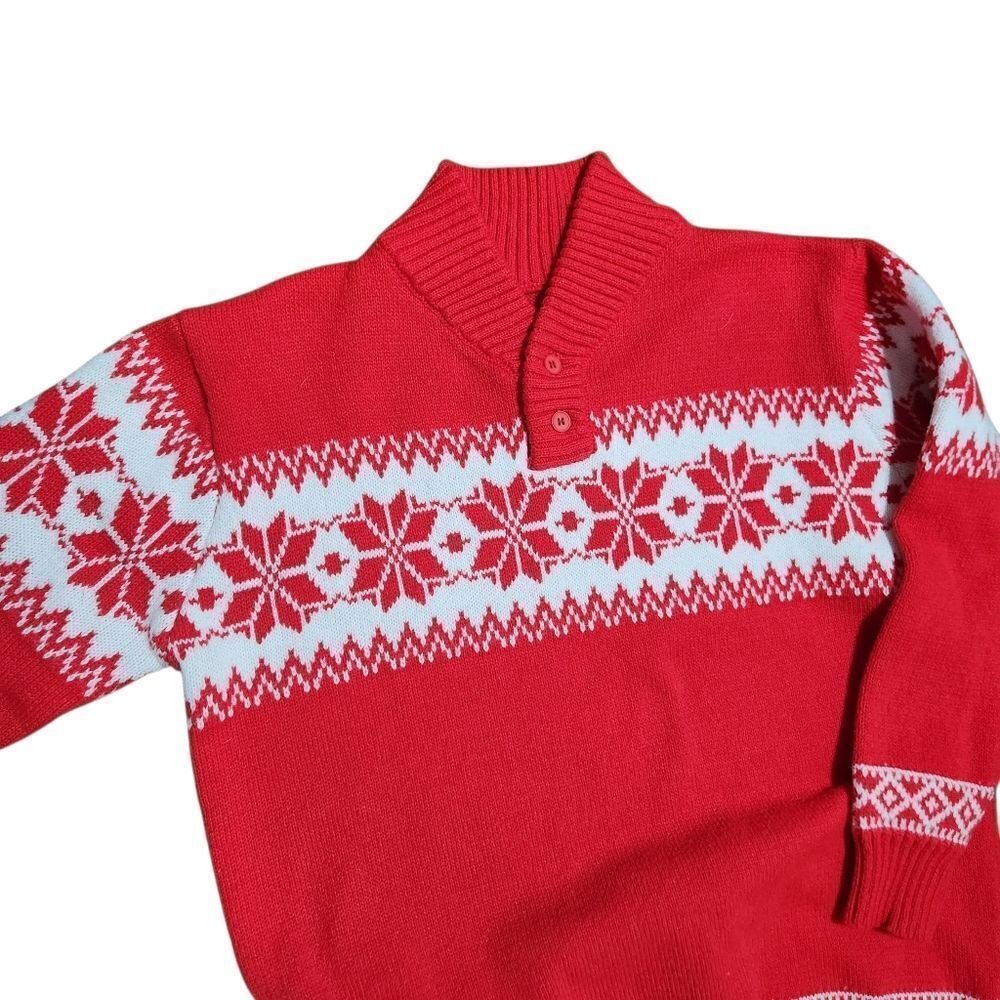 Men's Winter Sweater Large Red White Winter V Neck Fair Isle Nordic Acrylic - Picture 2 of 10